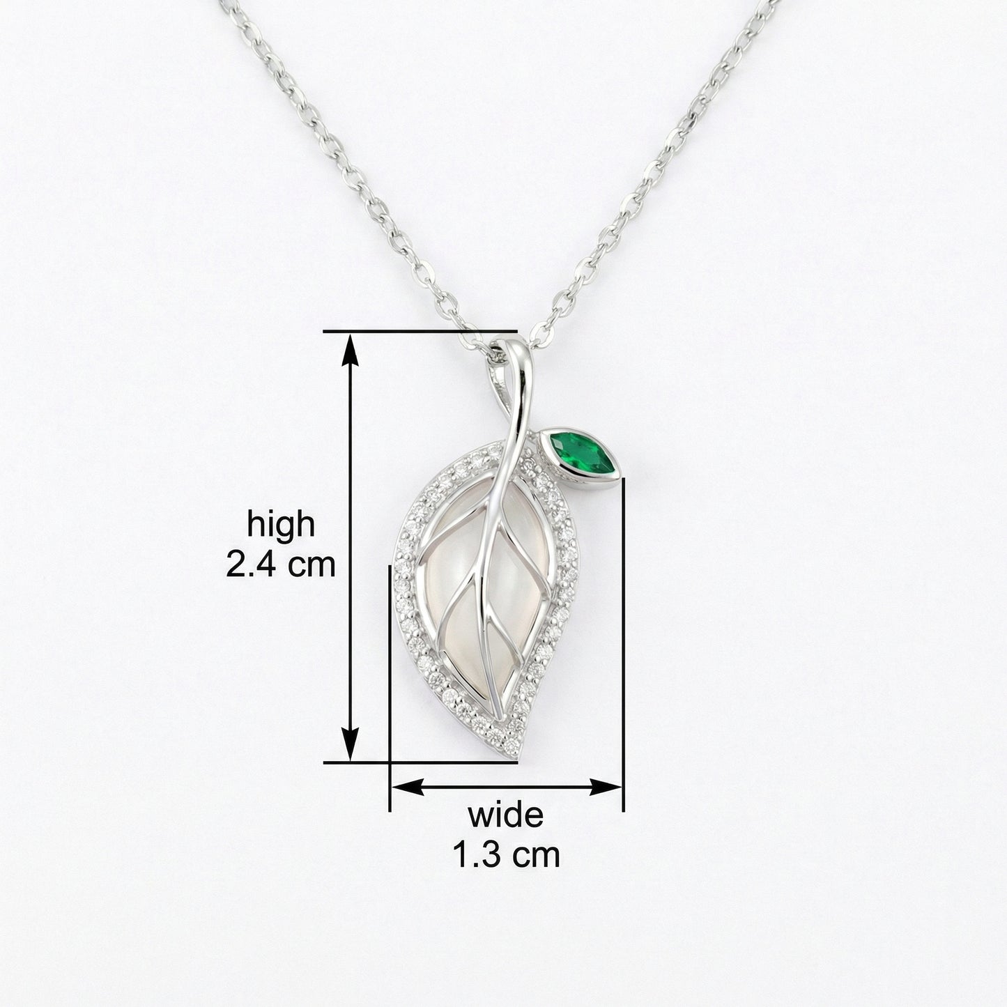 925 Sterling Silver Elegant Silver Leaf Pendant Necklace with Green Gemstone and Iridescent Inlay