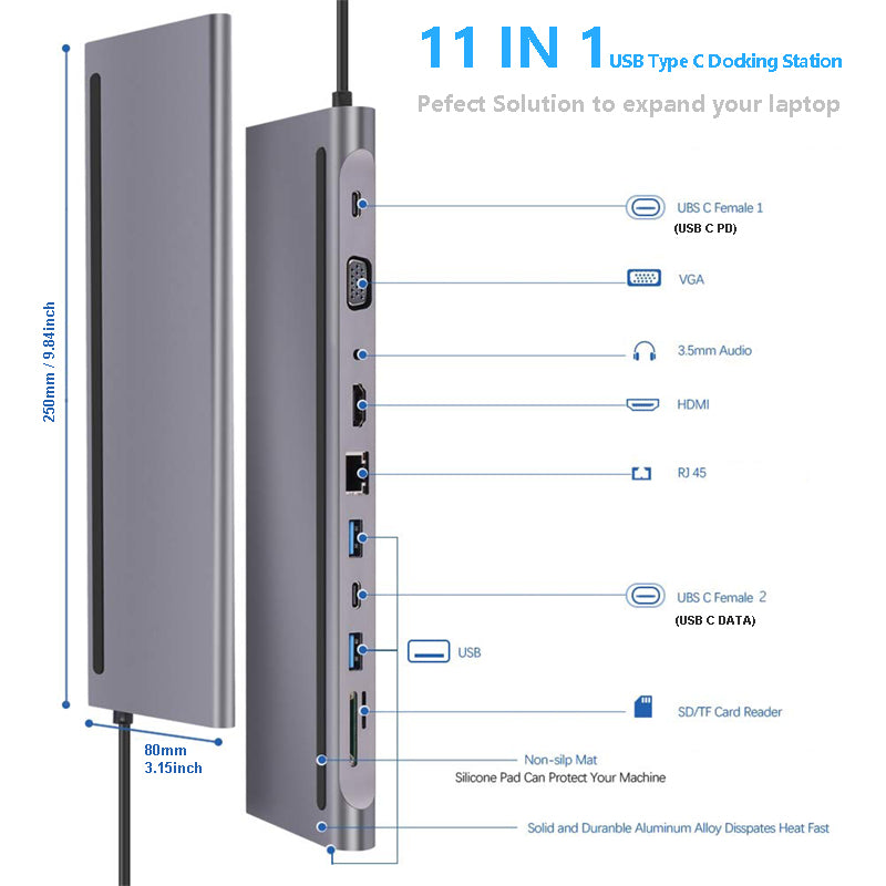 11-in-1 USB-C Multiport Docking Station | 4K HDMI, VGA, 100W PD, Gigabit Ethernet & Card Readers