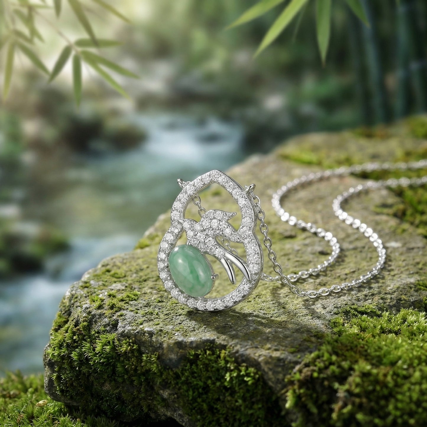 925 Sterling Silver Elegant Gourd Pendant Necklace Featuring Green Jadeite and Sparkling Diamond Bird Motif