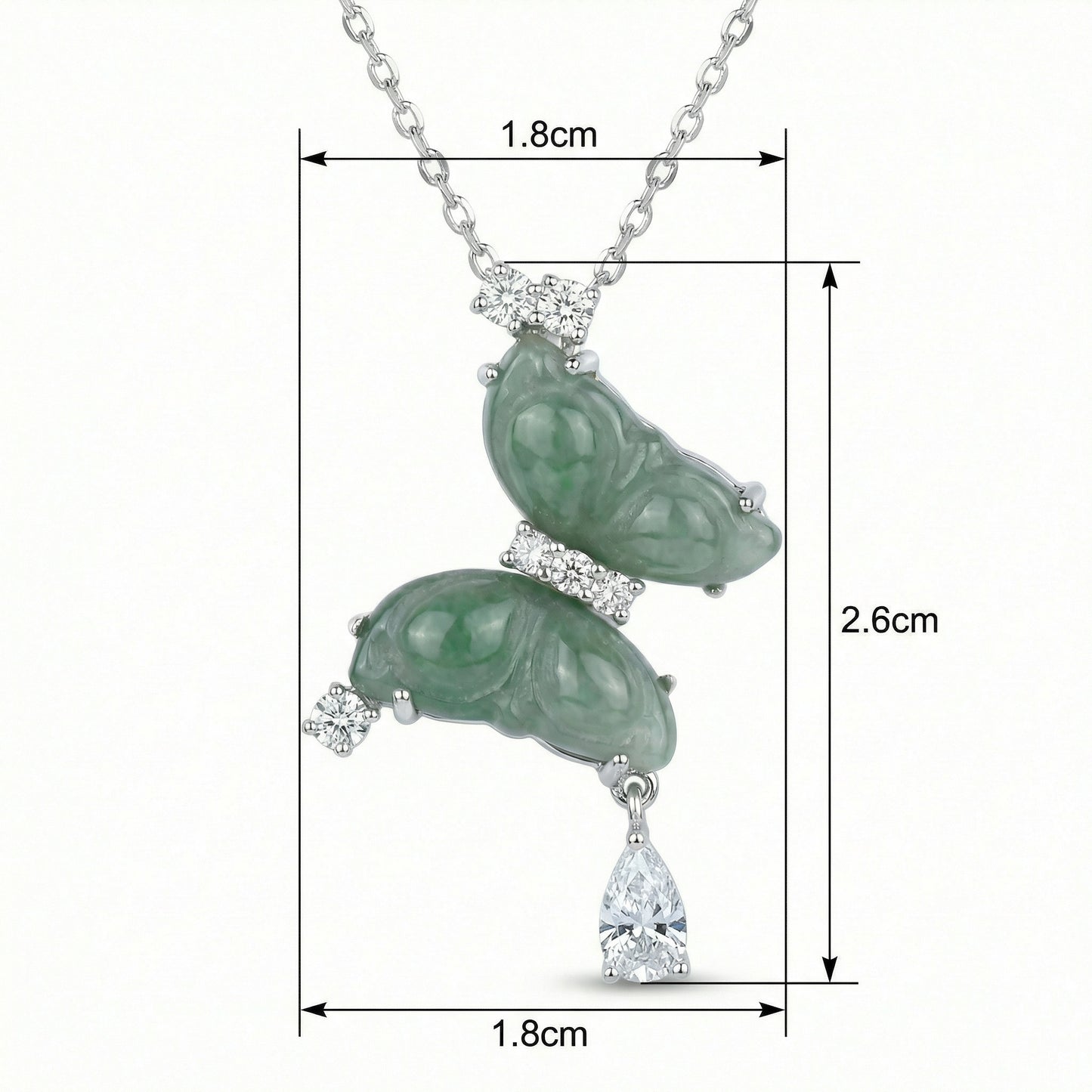 925 Sterling Silver Elegant Green Jade Butterfly Pendant Necklace with Brilliant Diamond Accents