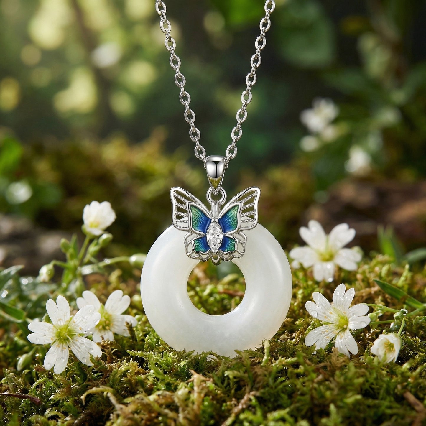 925 Sterling Silver Elegant Sterling Silver Butterfly and White Jade Donut Pendant Necklace