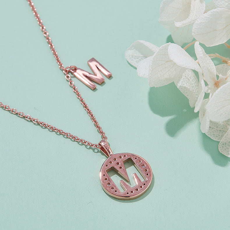 Luxury Initial Letter Necklace Pendant – M , S925 Silver Rose Gold Plated with Top-Quality Brilliant Moissanite