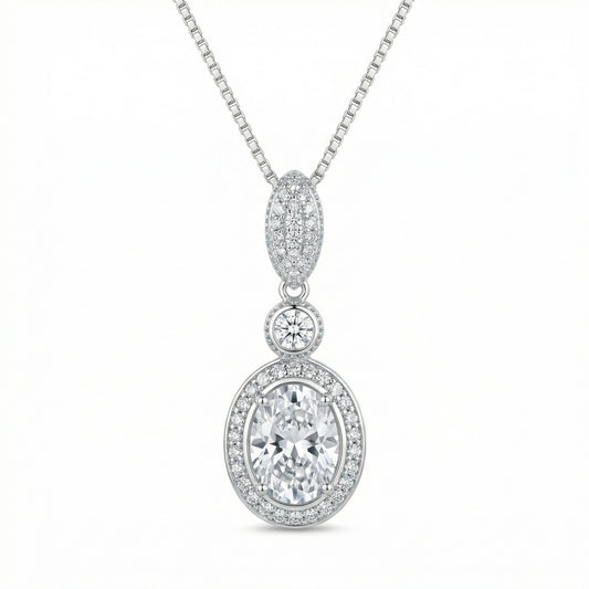 925 Sterling Silver Elegant Sterling Silver Oval Halo Triple-Drop Pendant Necklace