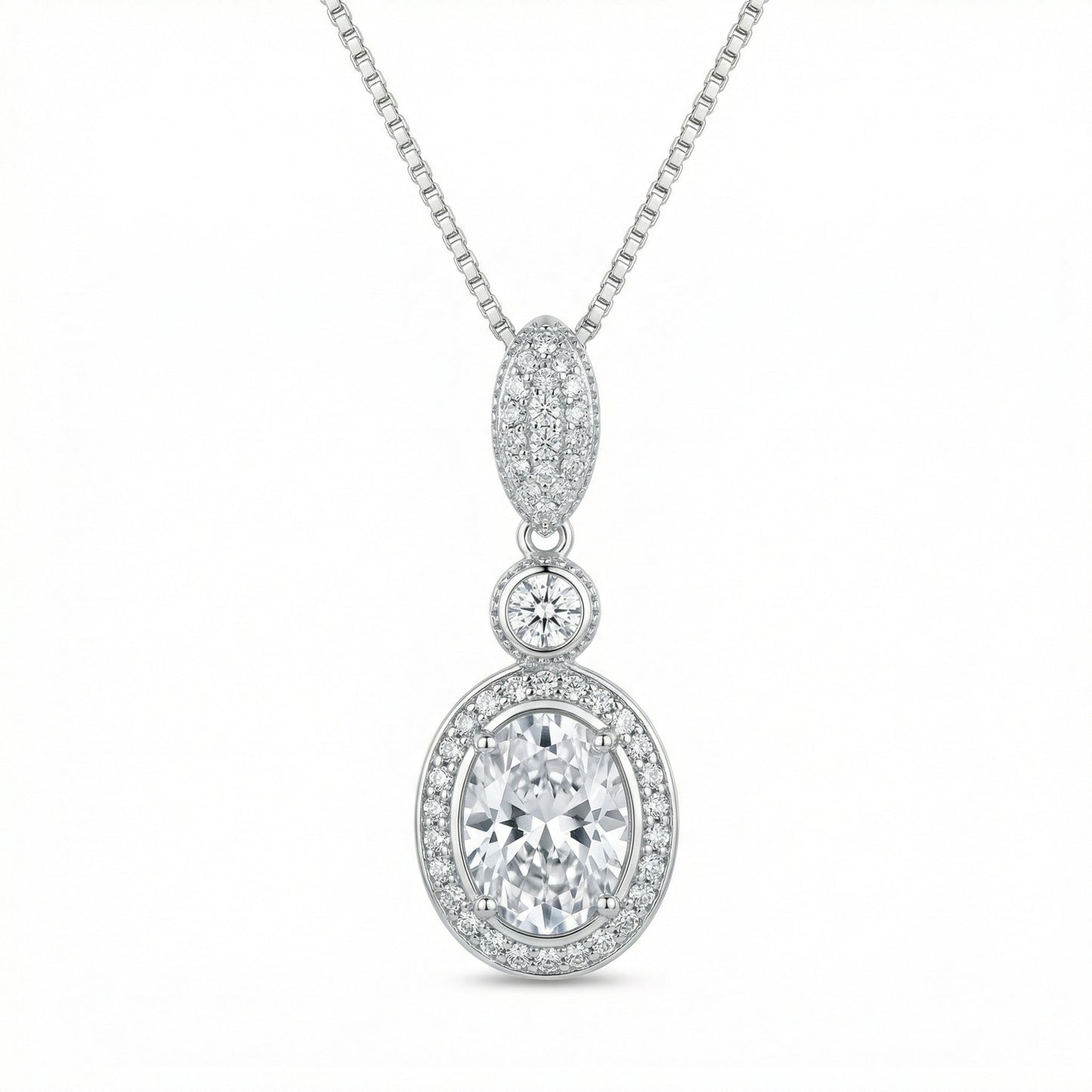925 Sterling Silver Elegant Sterling Silver Oval Halo Triple-Drop Pendant Necklace