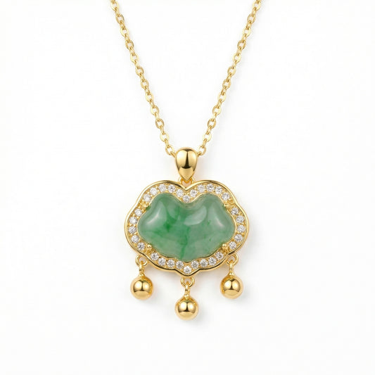 925 Sterling Silver Elegant Green Jadeite Ruyi Pendant Necklace Adorned with Radiant Diamonds and Hanging Accents