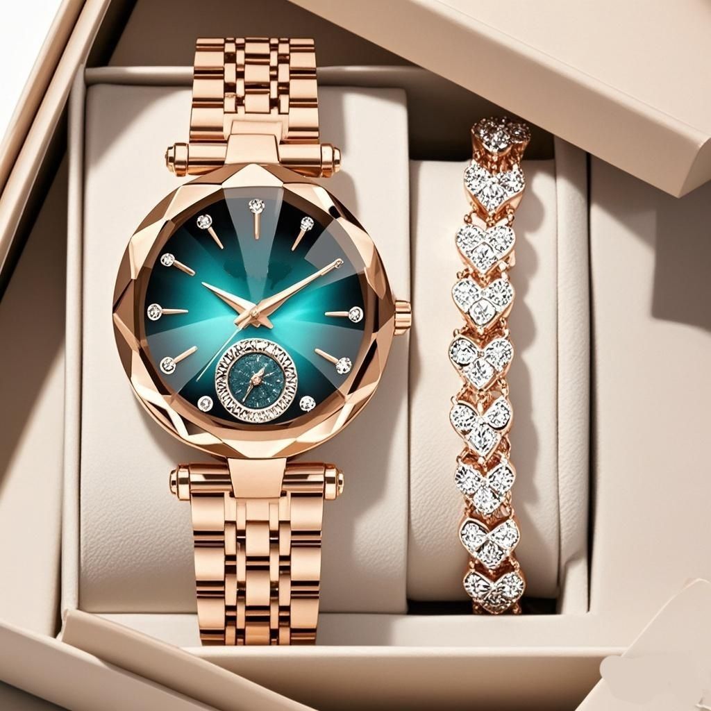 Luxury Diamond-Cut Ladies Watch: Rose Gold Stainless Steel, Multi-Color Dial Options & Waterproof