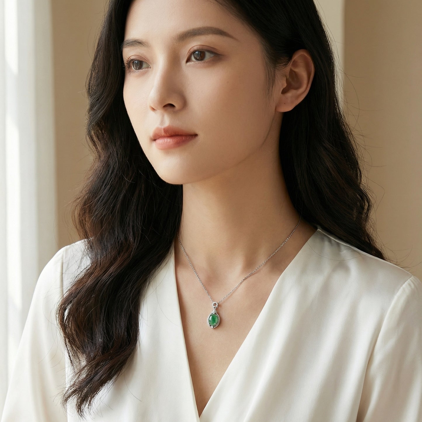 925 Sterling Silver Elegant Oval Green Jade Pendant Necklace with Sparkling Crystal Halo and Silver Chain