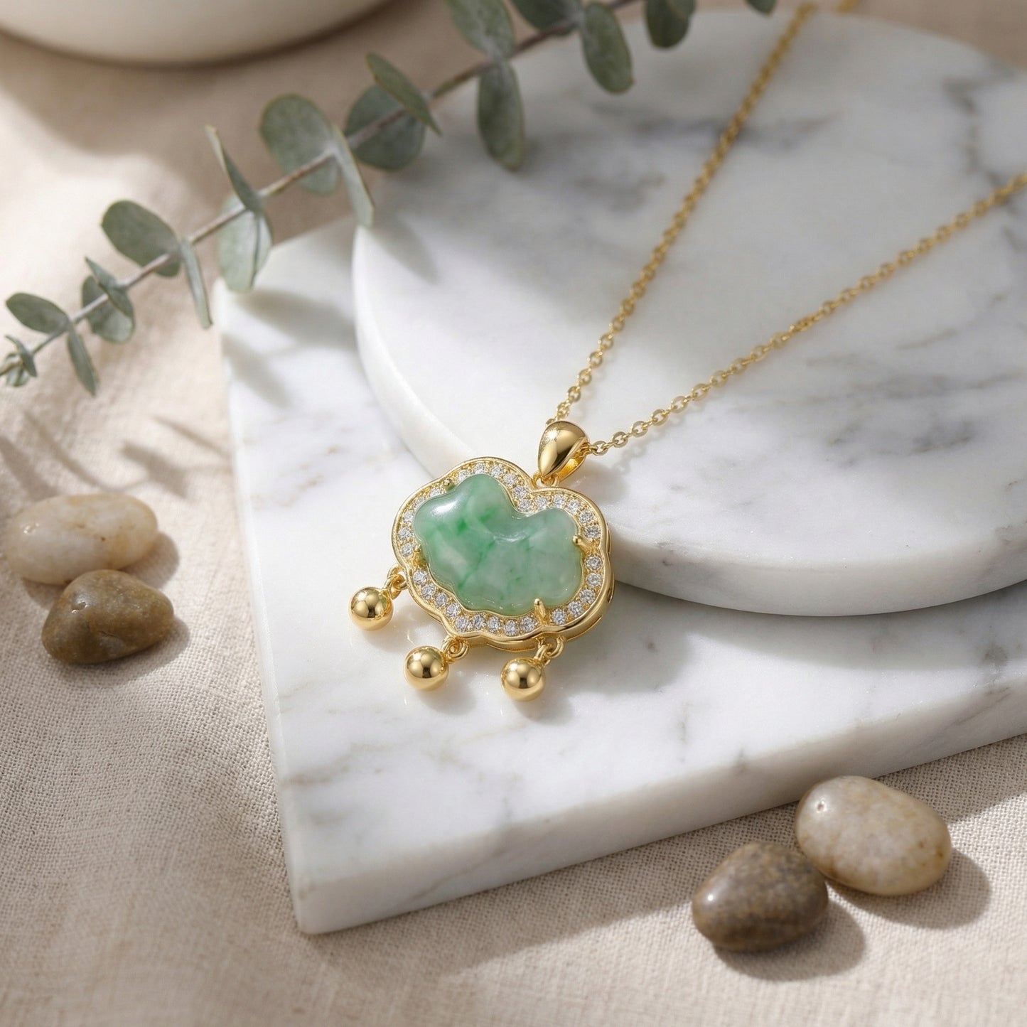 925 Sterling Silver Elegant Green Jadeite Ruyi Pendant Necklace Adorned with Radiant Diamonds and Hanging Accents