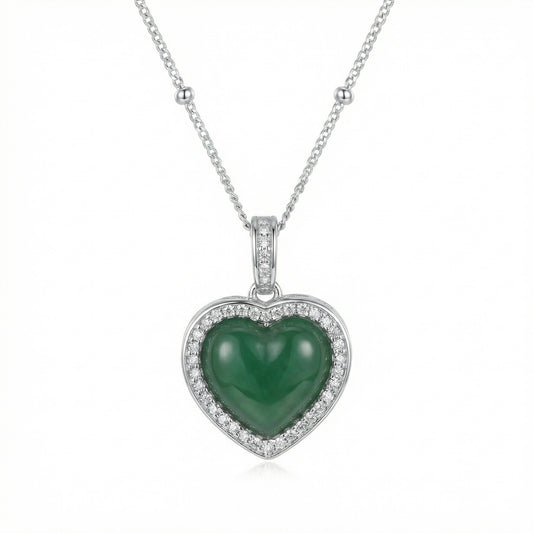 925 Sterling Silver Elegant Heart-Shaped Green Jade Pendant Necklace with Sparkling Diamond Halo