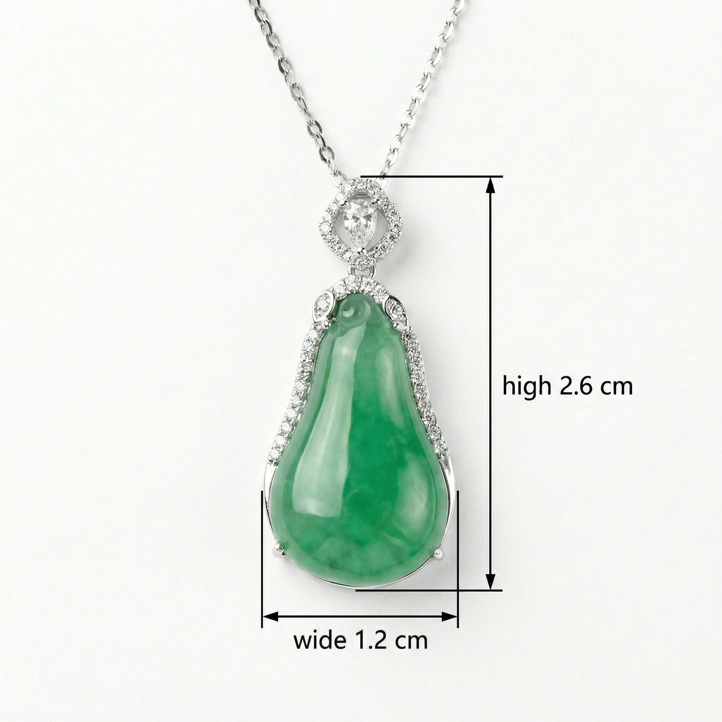 925 Sterling Silver Exquisite Emerald Green Jadeite Teardrop Pendant Necklace with Brilliant Diamond Accents.