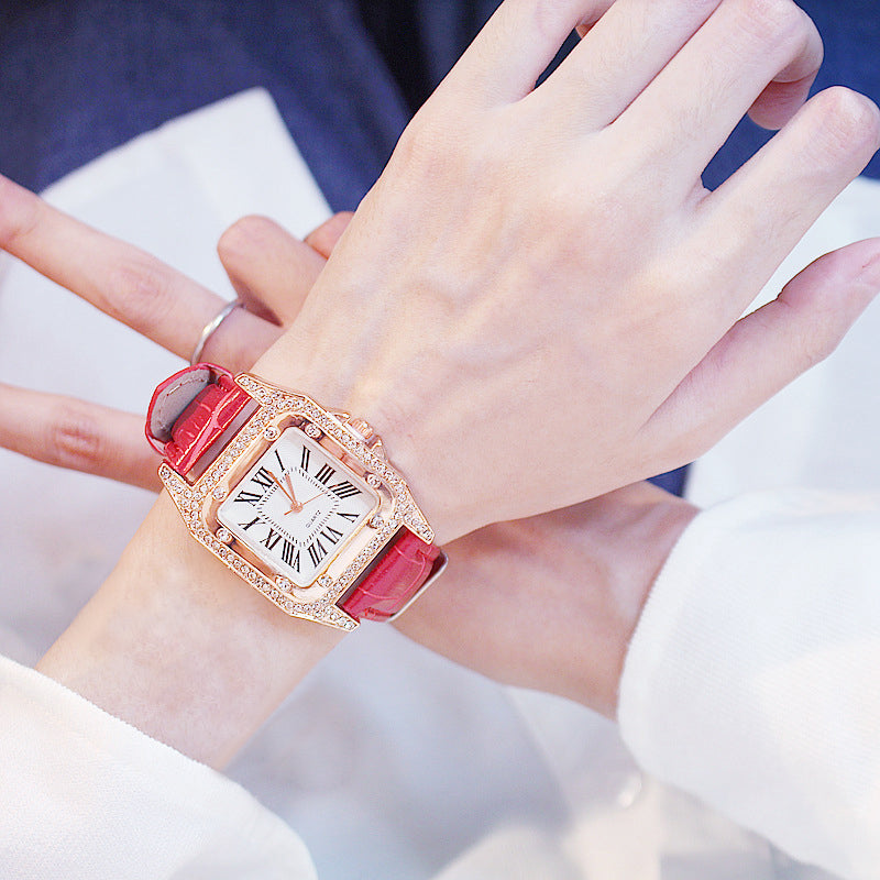 Elegant Women's Square Dial Watch with Rhinestone Bezel & Crocodile-Pattern Faux Leather Strap
