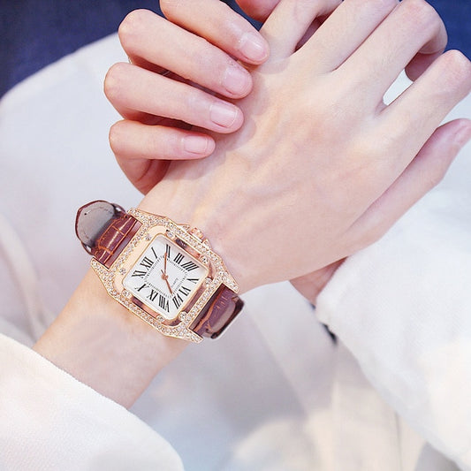 Elegant Women's Square Dial Watch with Rhinestone Bezel & Crocodile-Pattern Faux Leather Strap