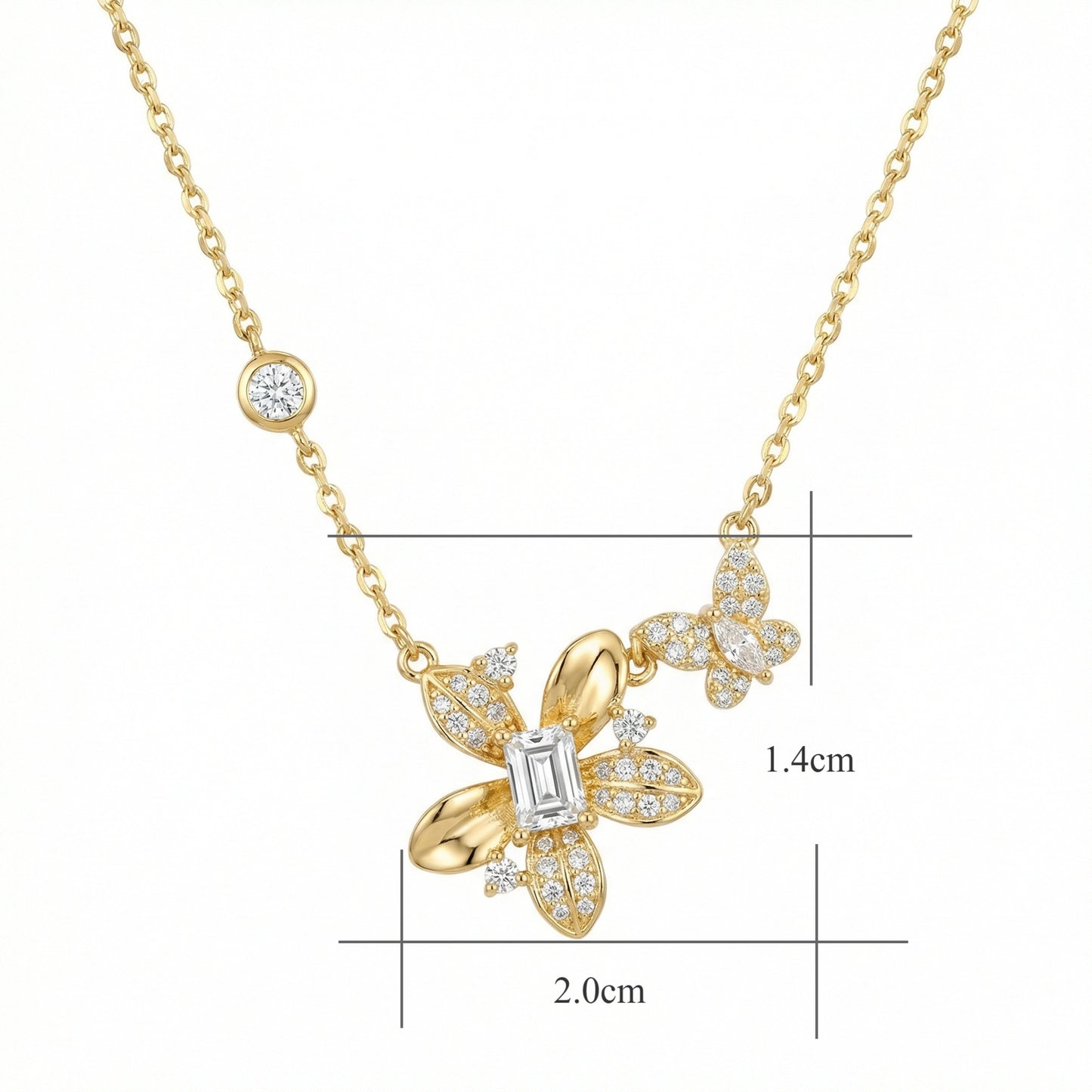 925 Sterling Silver Exquisite Diamond Flower and Butterfly Pendant Necklace with Emerald-Cut Centerpiece and Bezel-Set Accents