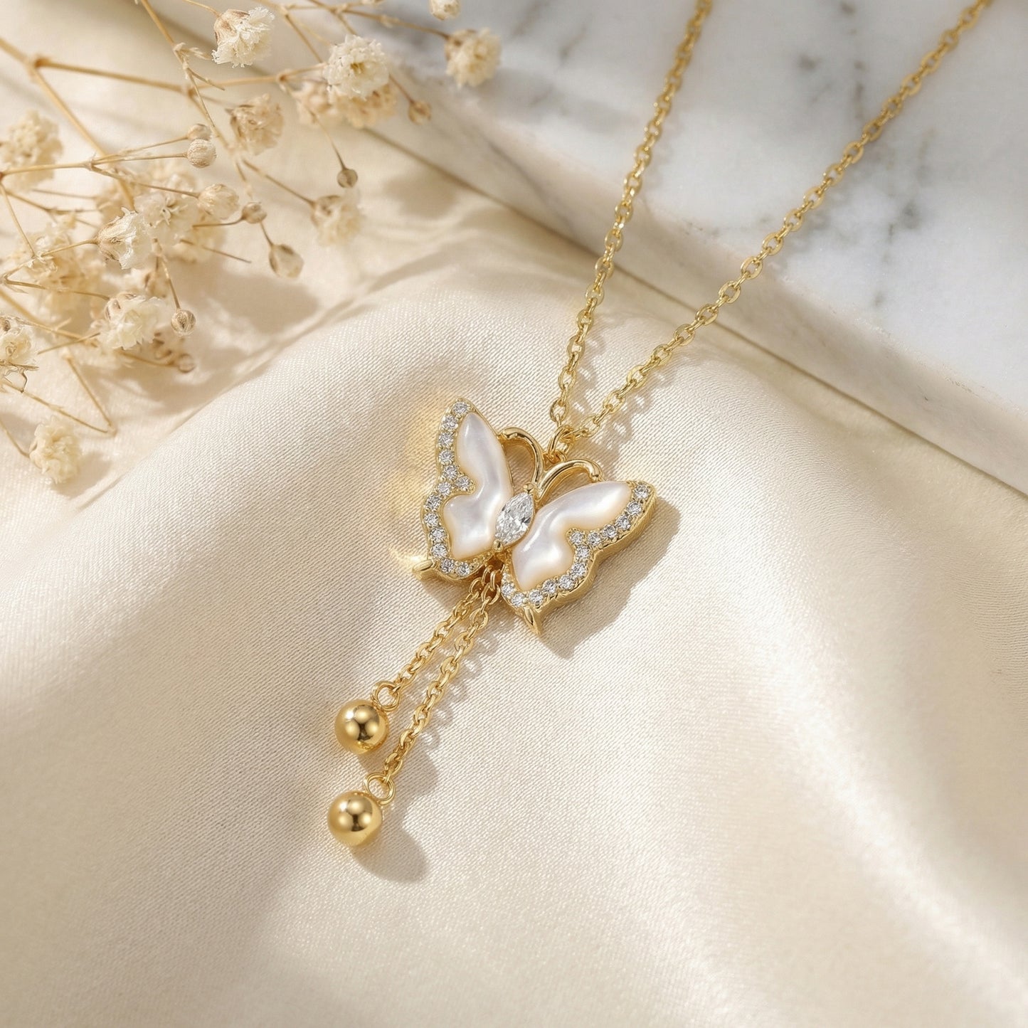 925 Sterling Silver Elegant Butterfly Necklace with Mother of Pearl and Sparkling Crystals