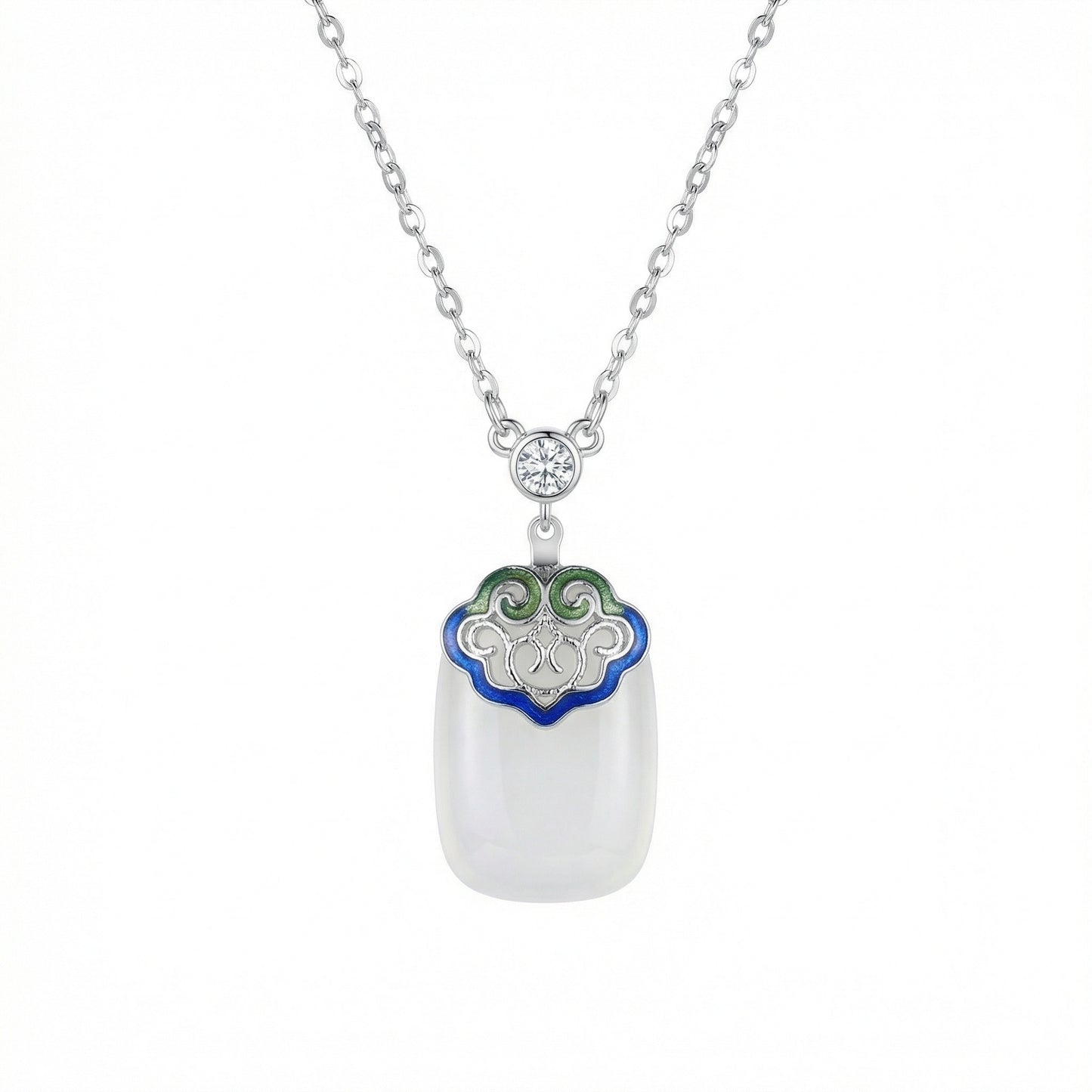 925 Sterling Silver Elegant Silver Necklace with Translucent White Stone Pendant and Colorful Enamel Filigree