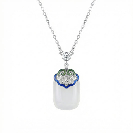 925 Sterling Silver Elegant Silver Necklace with Translucent White Stone Pendant and Colorful Enamel Filigree