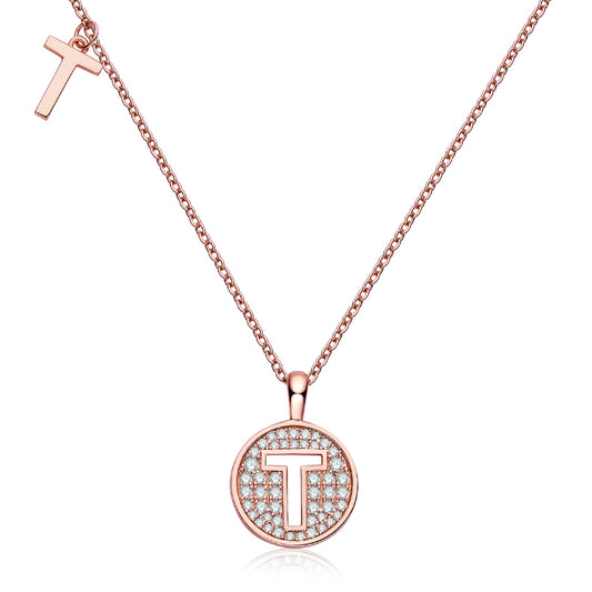 Luxury Initial Letter Necklace Pendant – T , S925 Silver Rose Gold Plated with Top-Quality Brilliant Moissanite