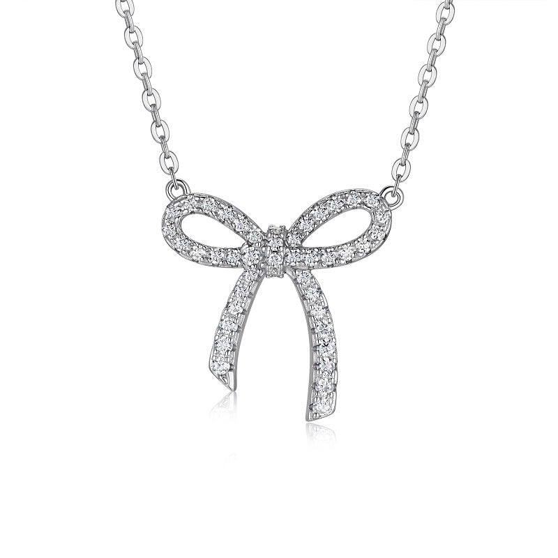 Luxury Moissanite Bow Pendant Necklace in S925 Sterling Silver, Electroplated Platinum Finish - Top-Quality & Dazzling Bowknot Jewelry Gift