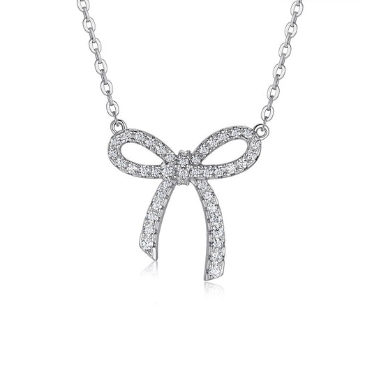 Luxury Moissanite Bow Pendant Necklace in S925 Sterling Silver, Electroplated Platinum Finish - Top-Quality & Dazzling Bowknot Jewelry Gift