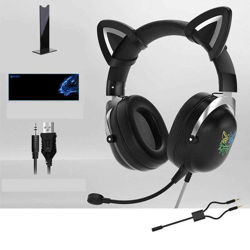 Casque de jeu RGB à réduction de bruit avec microphone et oreilles de chat amovibles.