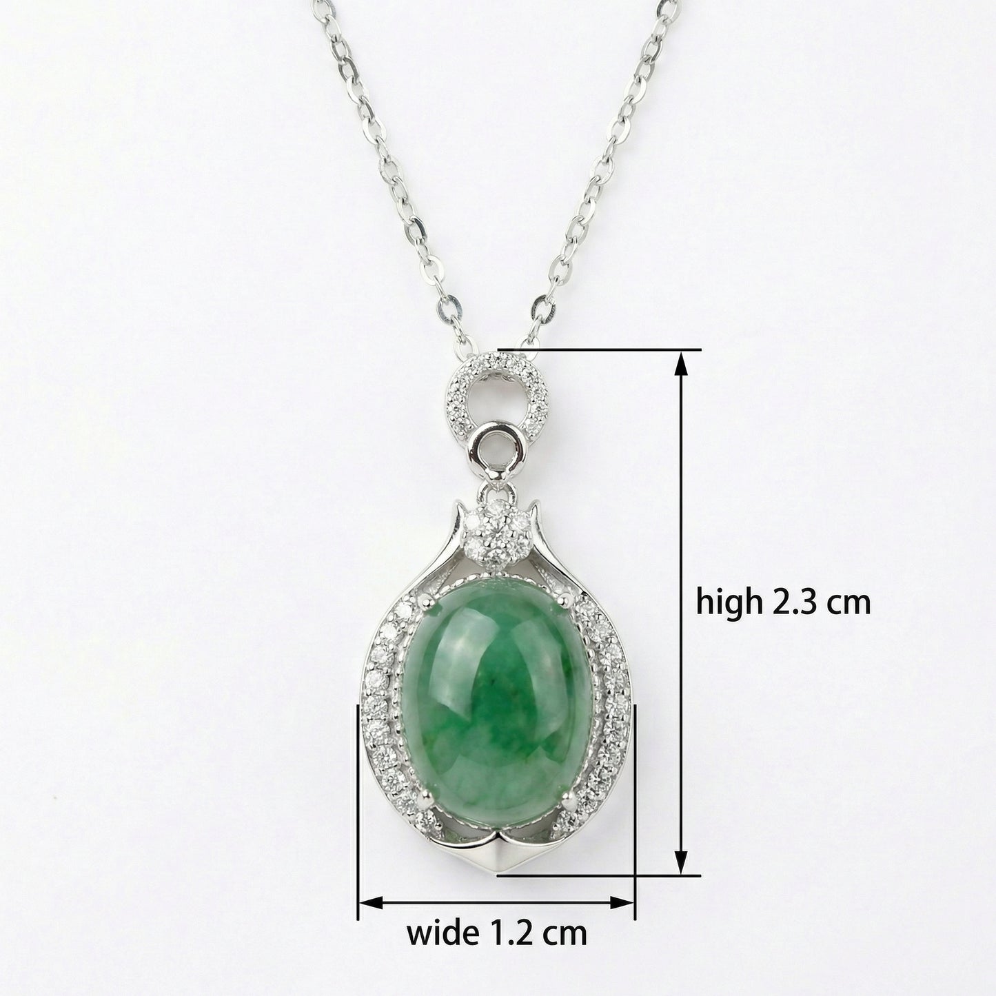 925 Sterling Silver Elegant Oval Green Jade Pendant Necklace with Sparkling Crystal Halo and Silver Chain