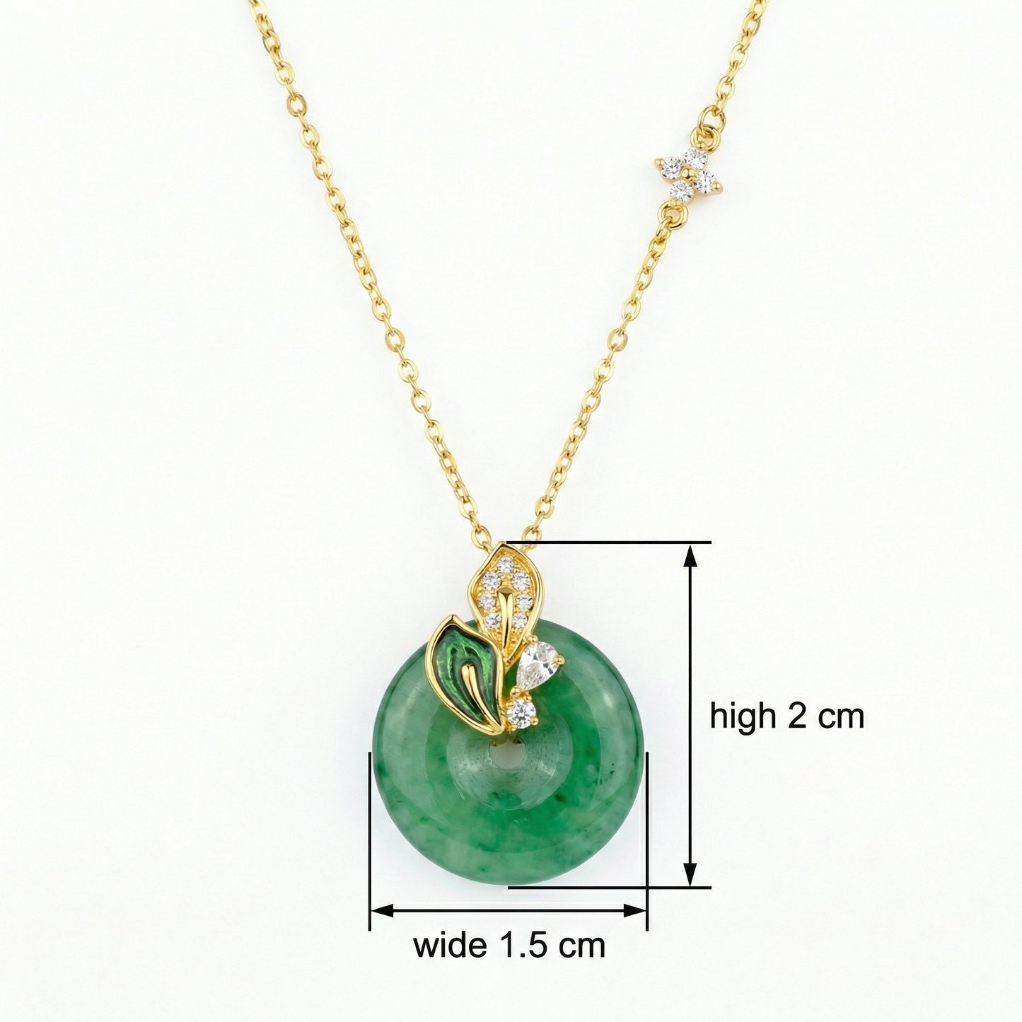 925 Sterling Silver Elegant Green Jadeite Donut Necklace with Sparkling Floral Accents and Enamel Leaf Details