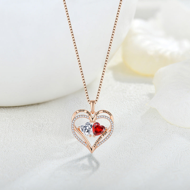 S925 Silver Double Love Necklace With Rhinestones  Heart-shaped Necklace