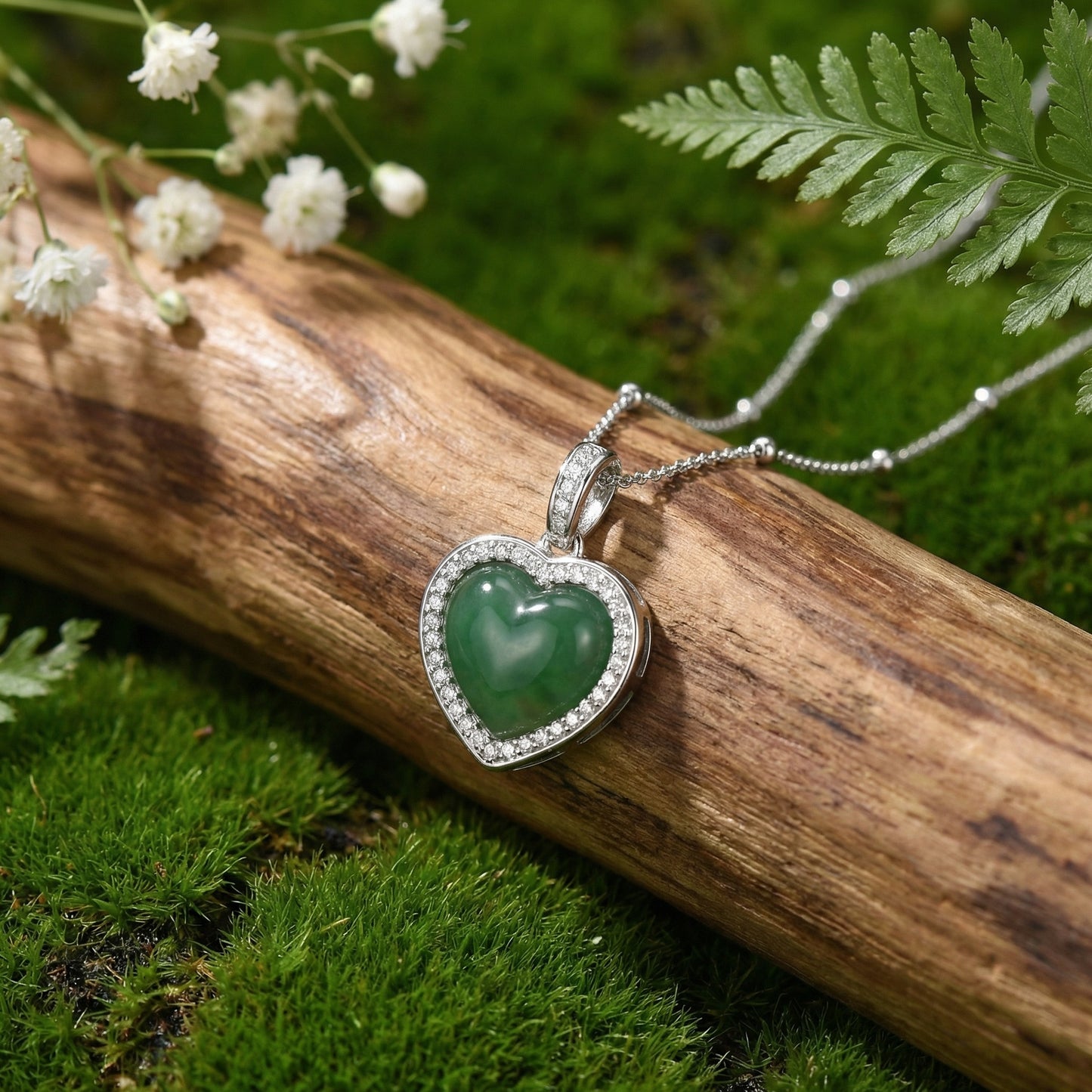 925 Sterling Silver Elegant Heart-Shaped Green Jade Pendant Necklace with Sparkling Diamond Halo