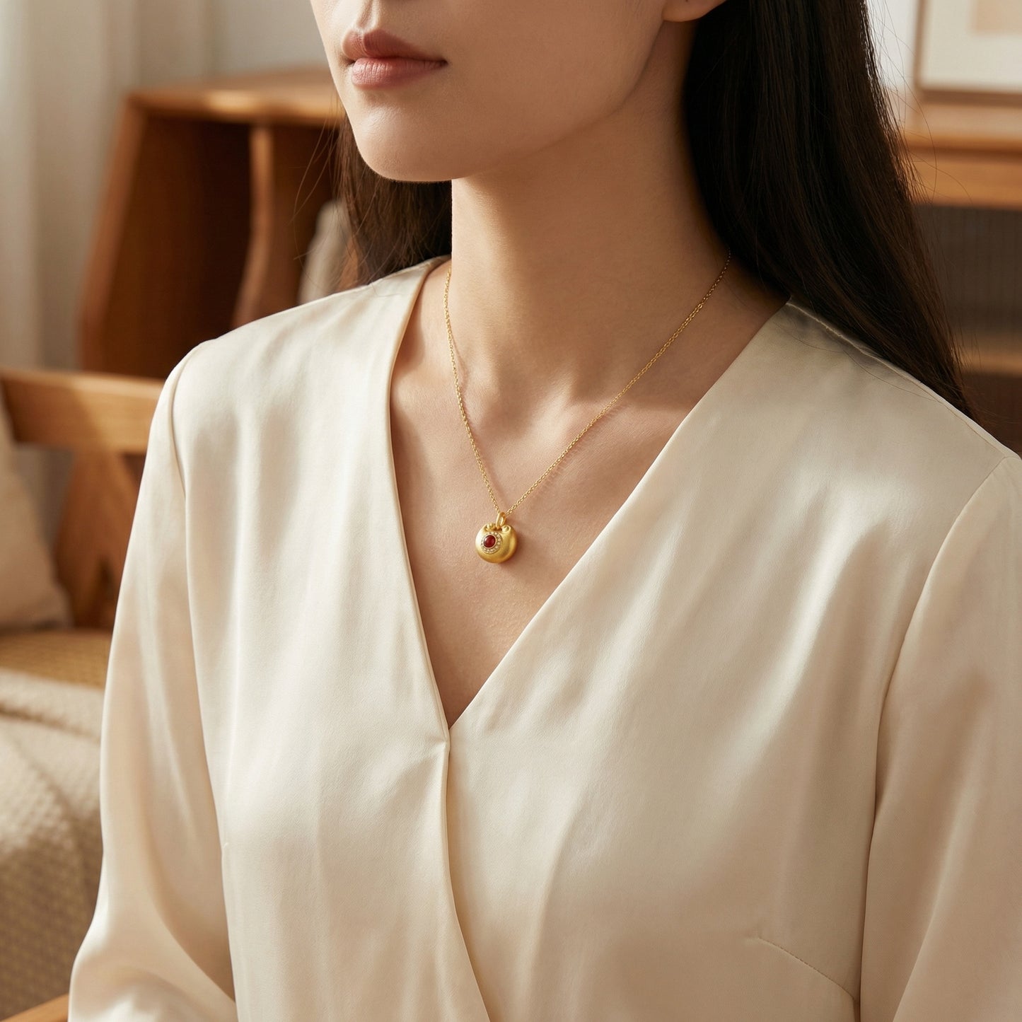 925 Sterling Silver Elegant Red Agate Ruyi Longevity Lock Pendant Necklace with Shimmering Stone Halo