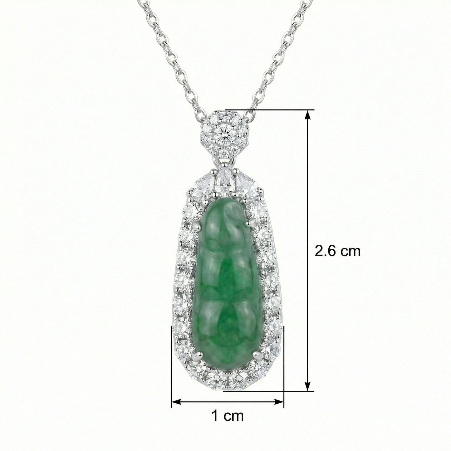 925 Sterling Silver Elegant Green Jadeite Pea Pod Pendant Necklace with Radiant Diamond Halo