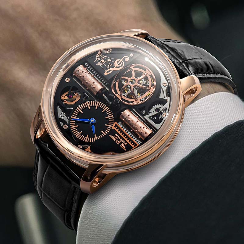 Luxury Skeleton Music Series Mechanical Watch for Men – Automatic Movement, Stainless Steel Case with Genuine Leather Strap, Artistic Open-Work Dial Design