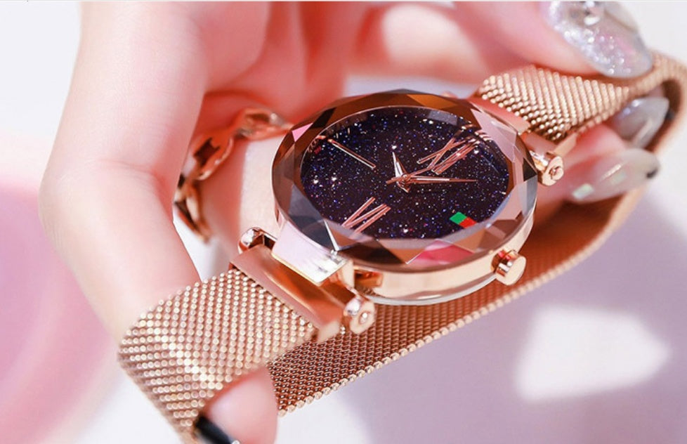 Starry Sky Women's Watch - Magnetic Mesh Band & Faceted Crystal Dial
