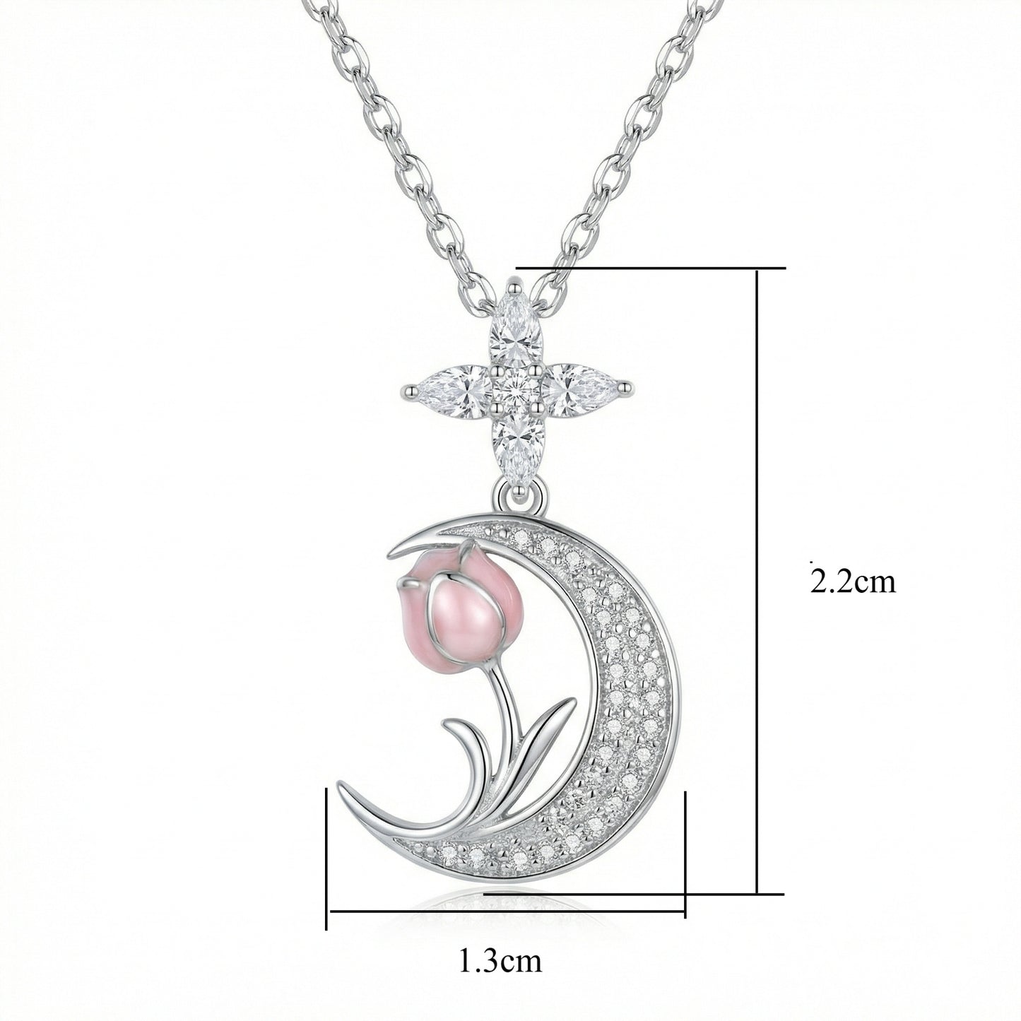 925 Sterling Silver Elegant Silver Crescent Moon Necklace Featuring a Delicate Pink Tulip Pendant