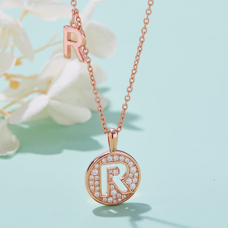 Luxury Initial Letter Necklace Pendant – R , S925 Silver Rose Gold Plated with Top-Quality Brilliant Moissanite