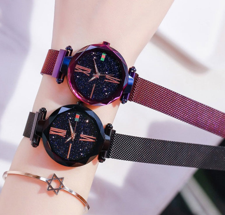Starry Sky Women's Watch - Magnetic Mesh Band & Faceted Crystal Dial