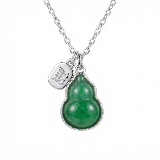 925 Sterling Silver Elegant Silver Green Jade Hulu Gourd Necklace with Wealth Character Charm