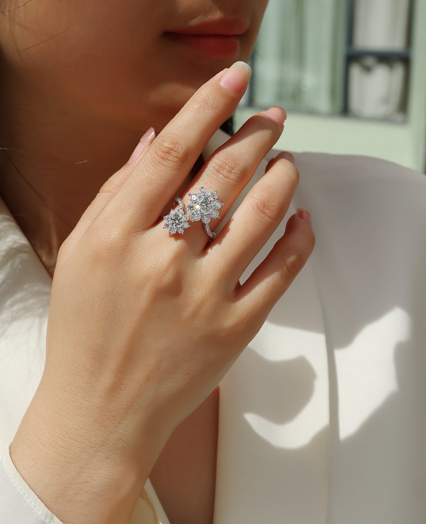 Luxury Floral Cluster Open Ring – S925 Sterling Silver, High-Brilliance Moissanite, Adjustable Double Flower Design