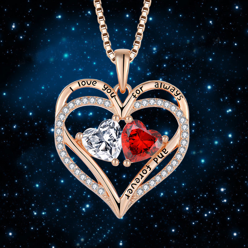 S925 Silver Double Love Necklace With Rhinestones  Heart-shaped Necklace
