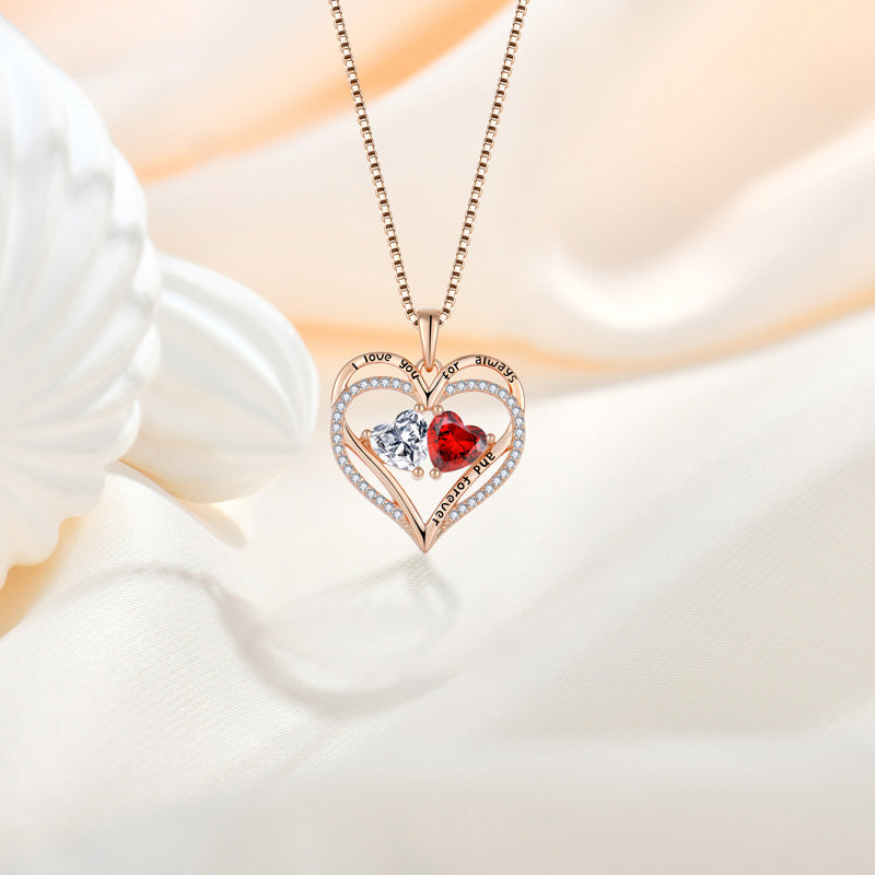 S925 Silver Double Love Necklace With Rhinestones  Heart-shaped Necklace