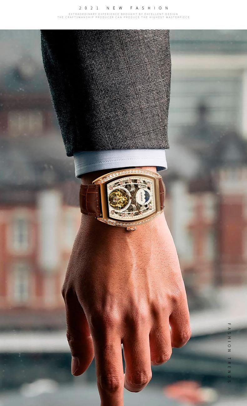 Men's Automatic Mechanical Skeleton Tonneau Watch with Diamond Accents
