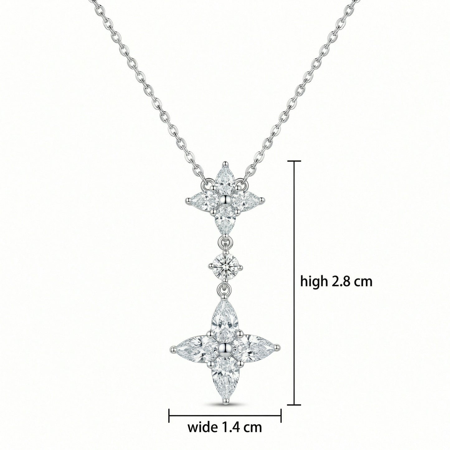 925 Sterling Silver Exquisite Marquise CZ Floral Double Cluster Drop Pendant Necklace