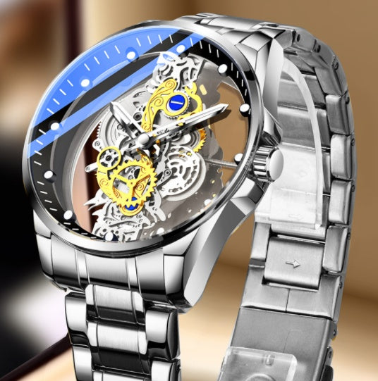 Luxurious Gold Plated Skeleton Quartz Watch for Men