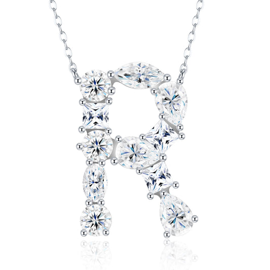 26 Letter - R - Luxury Silver Necklace Set With Top Moissanite D Color VVS,  S925 Silver Plated Platinum