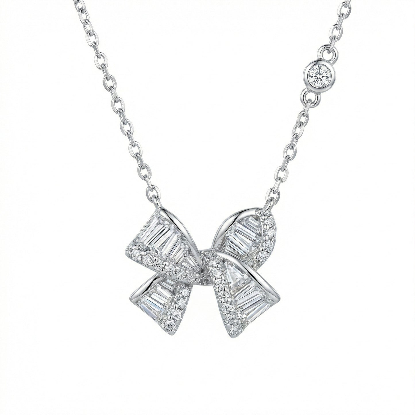 925 Sterling Silver Elegant Baguette and Round Diamond Ribbon Bow Pendant Necklace