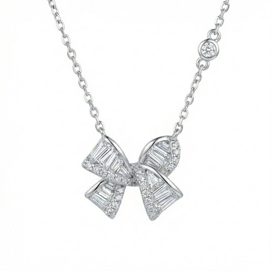 925 Sterling Silver Elegant Baguette and Round Diamond Ribbon Bow Pendant Necklace