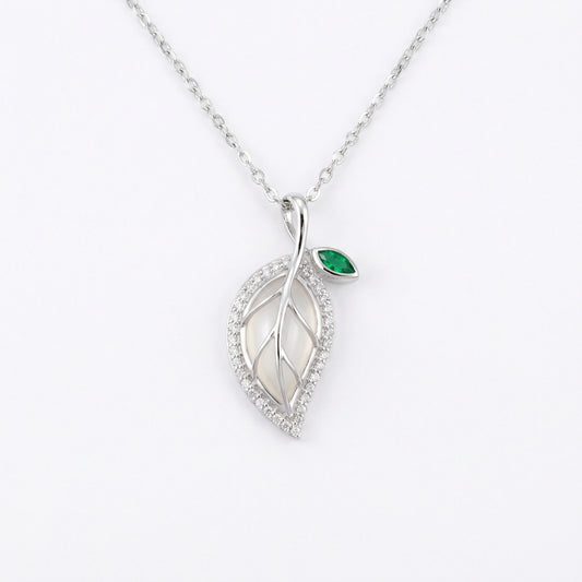 925 Sterling Silver Elegant Silver Leaf Pendant Necklace with Green Gemstone and Iridescent Inlay