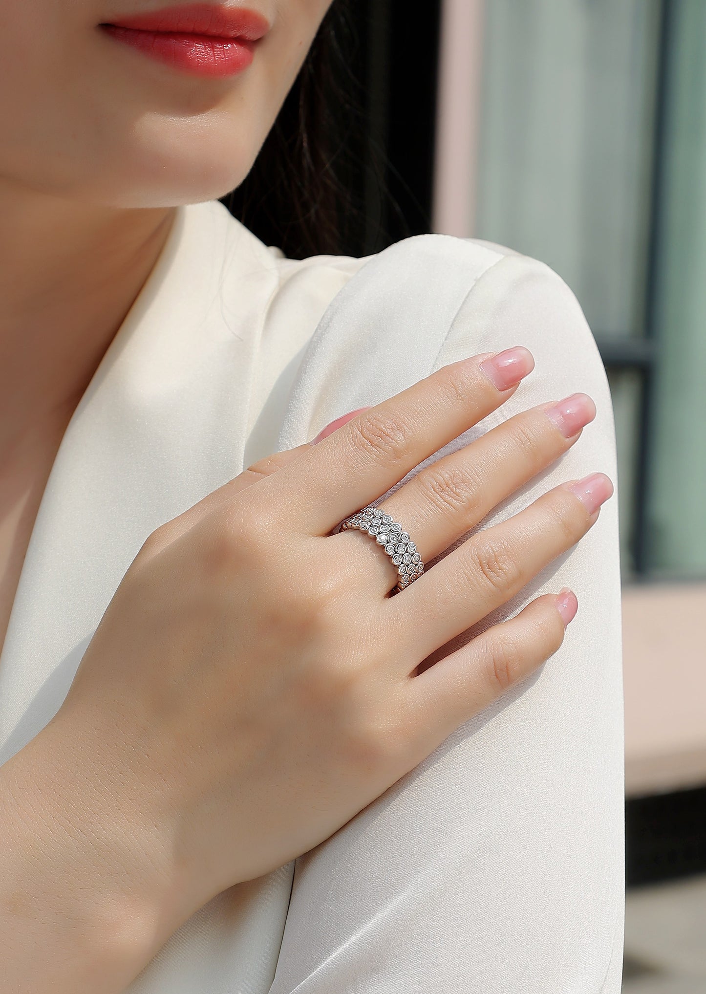 Luxury Silver Ring Set With Top-quality Moissanite, S925 Silver Plated With Platinum