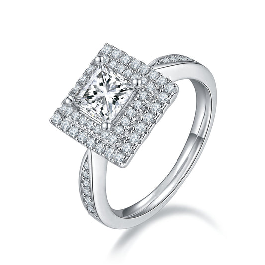 Luxury Silver Ring Square Moissanite Set With Top-quality Moissanite, S925 Silver Electroplated With Platinum