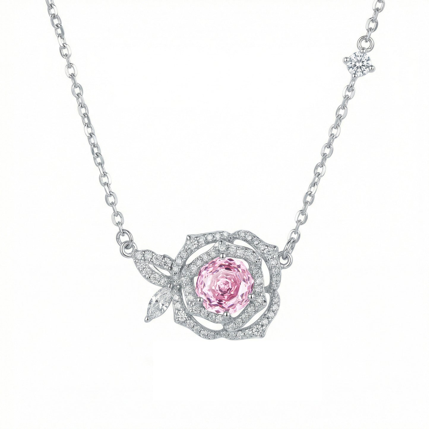 925 Sterling Silver Elegant Sterling Silver Rose Pendant Necklace with a Radiant Pink Gemstone Centerpiece.