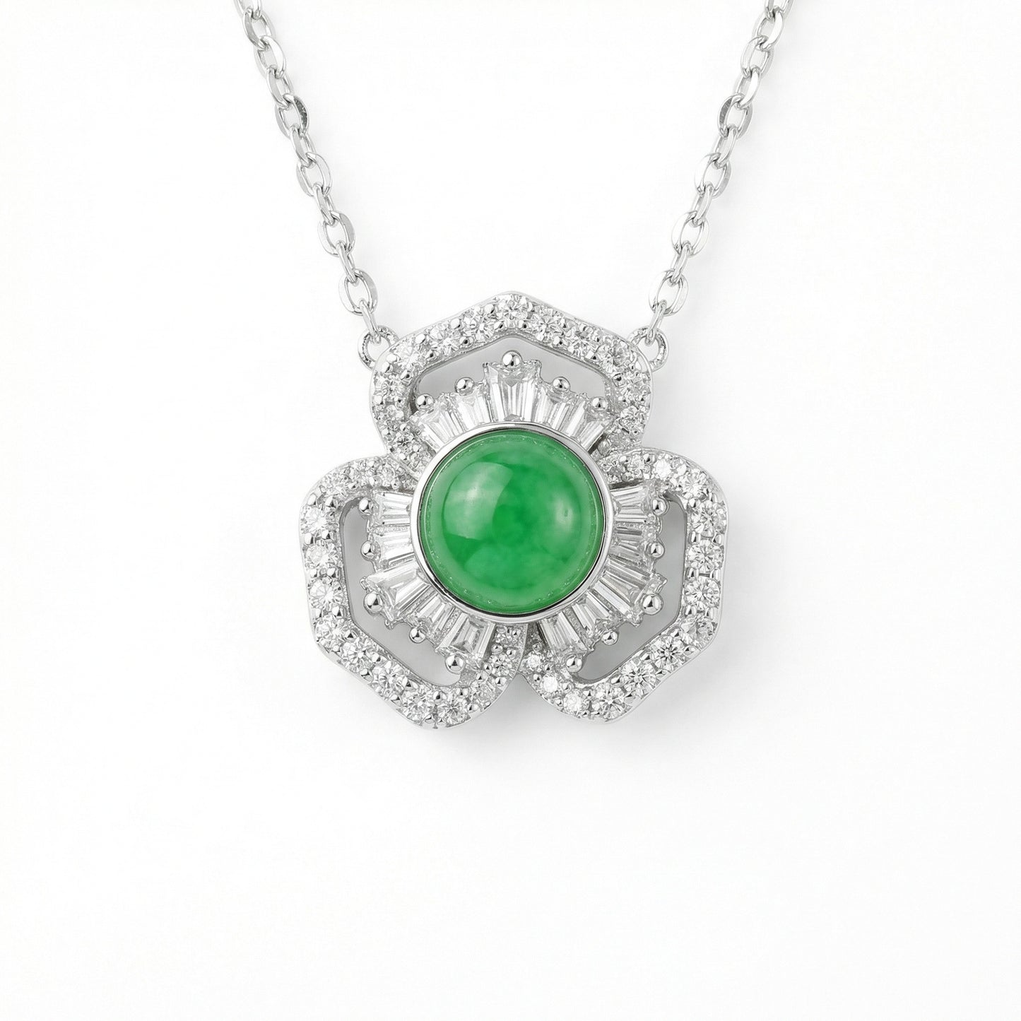 925 Sterling Silver Elegant Green Jadeite Cabochon and Diamond Floral Pendant Necklace